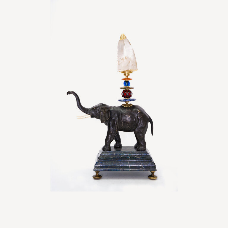 Elephant with raised trunk, rock cristal partially gold plated - 37 cm