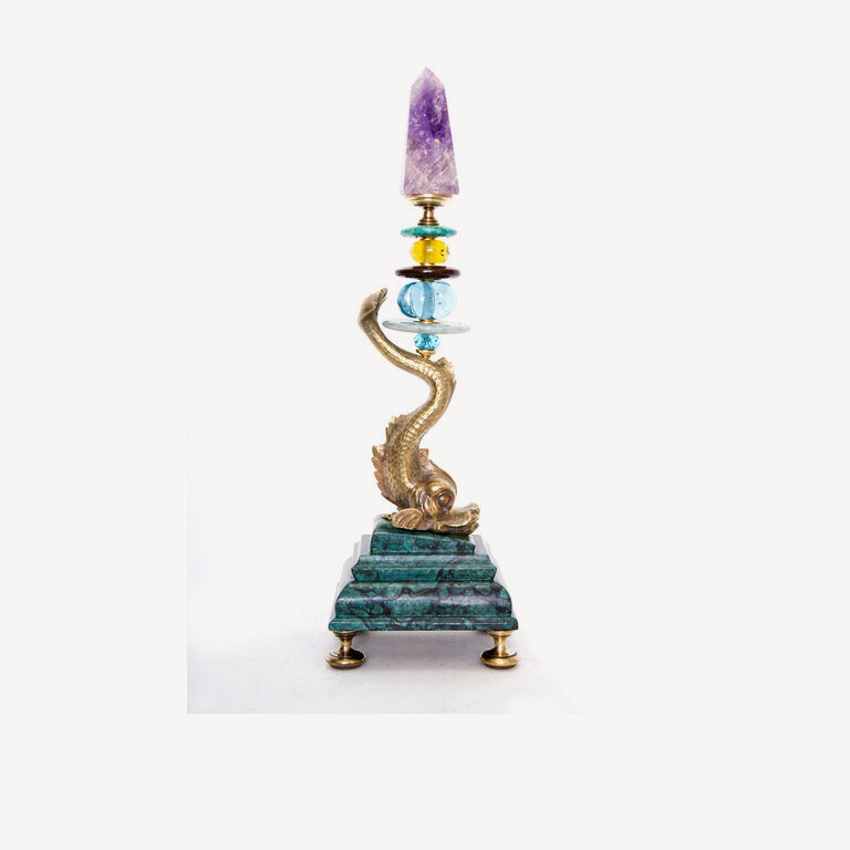 Dolphin, gilded, amethyst obelisk - 32&nbsp;cm