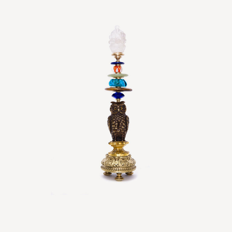 Owl, bronze, rock crystal pagoda - 23&nbsp;cm